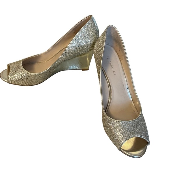 Le Chateau Silver Glitz Open Toe Wedge Heel Shoes- Size 9 - Picture 5 of 10
